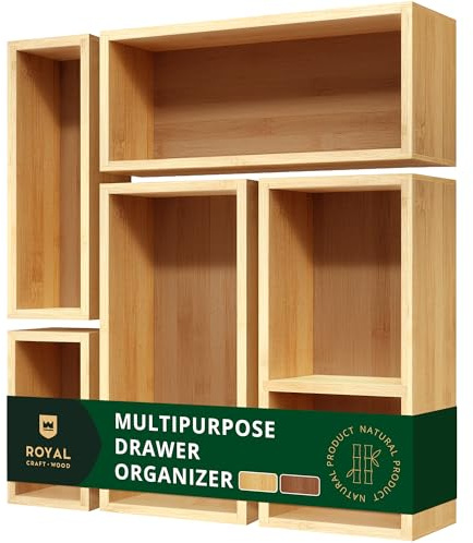 ROYAL CRAFT WOOD 5-Piece Bamboo Drawer Organizer Set – Multi-Use Storage Trays for Kitchen, Bathroom, Office, Makeup, Jewelry & More – Junk Drawer Tray, Utensil Holder, Storage Box & Bin Set (5 Boxes)