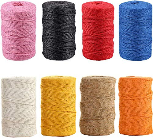 Liuer 8PCS Ficelle de Jute Ficelle Corde de Jute de 2 mm de Diamètre Couleur Jute Corde de pour l'emballage Cadeau Décoration de Mariage Emballage Jardin Arts Créatifs DIY(50M/Rouleau)