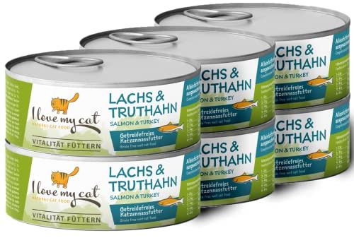 I love my cat Kattmat våt med lax och kalkon. Spannmålsfritt kattfoder rikt på omega-3 och essentiella proteiner. Kattmat blötmat för känslig mage och frisk päls - 6 x 100 g