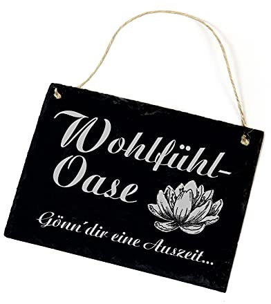 Wohlfühl Oase Schild aus Schiefer mit Spruch - Gönn dir eine Auszeit - Lotus Entspannung 22x16cm | Dekolando