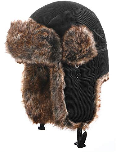 Insun Unisex Cord Fliegermütze Winddicht Trappermütze Warme Kunstfell Russische Mütze Winddicht Schwarz XXL