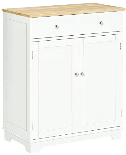 HOMCOM Kitchen Floor Cabinet Side Storage Cupboard Multi-use Sideboard Table with Solid Wood Top, Adjustable Shelf,Drawer for Dining Room, Living Room,Hallway