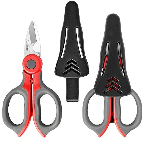 Asdirne 2 Pack Electrician Scissors, Heavy Duty Stainless Steel Sharp Blades and Soft Rubber Grip, Electrician Shears with Protective Cover, 6.1 Inch (Gray/Red)