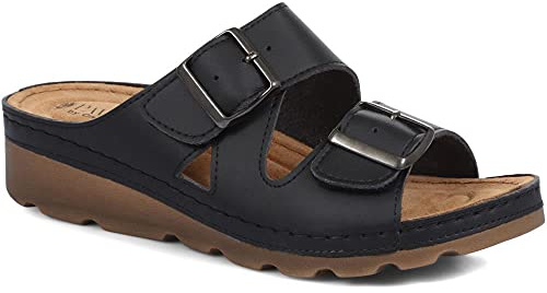 Pavers Women's Adjustable Mule Sandals in Black - Comfortable Faux Leather Shoes with Suede Insole - Ladies Summer Footwear - Size UK 6 / EU 39