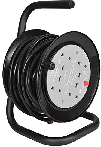 Netagon 4 Gang UK Plug 13A Extension Lead Reeler Cable Reels with Sturdy Frame Strand and Carry Handle (15m Lead Length)