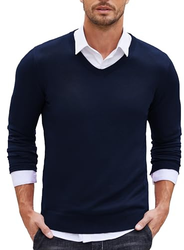 COOFANDY Jersey de Punto para Hombre Slim Fit Jersey de Punto Fino con Cuello en V Slim Fit Azul Marino Talla