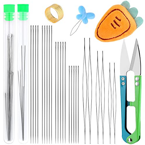 Benlay 29 Stückes Perlennadel-Set, 19 Stückes großem Öhr Nadeln und 6 Stückes lange gerade Nadeln & Schere & Fingerhut, Auffädeln Von Perlen für Armbänder, Halsketten und Schmuckherstellung