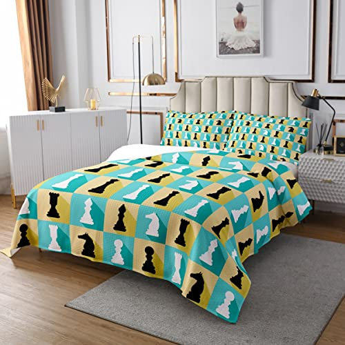 International Chess Coverlet Set 220x240,Brettspiel Tagesdecke für Kinder Jungen Mädchen Teens Patchwork Schwarz Weiß Schachfiguren Tagesdecke Blau Gelb Schachbrett Tagesdecke Set 2 Kissenbezüge