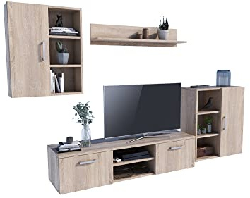 MATKAM Wohnwand Dedal, Schrankwand Wohnzimmer Modern, Wohnzimmerschrank mit Fernsehtisch Komplett Möbel (Sonoma Eiche)
