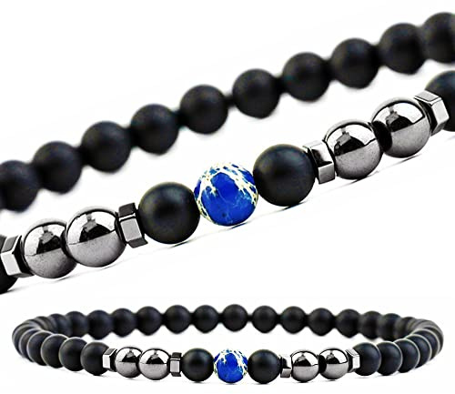 EUMENIDES Magnetischer Fußkettchen,9,5 Zoll, 6MM, 2 Packungen,Schwarzes gefrostetes Stein-Fußkettchen,Beseitigen Sie statische Elektrizität, Verbessert Den Schlaf,(Blauer Stein + Magnet-Fußkettchen)