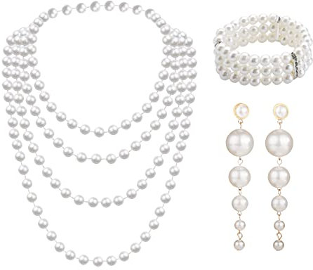 MIVAIUN 3 PCS Faux Pearl Set with Plastic Long Dangle Earrings Row Stretch Bracelet 1920 Necklace Jewelry 1920s Accessories Party Prom Wedding Festival (3 PCS) (MIVAIUN-ZZTZ)