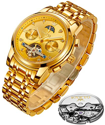 OLEVS Herrenuhren Automatik Mechanische Gold Armbanduhr mit Skelettiertem Tourbillon Kalender Wasserdicht Leuchtende Klassische Luxus Armbanduhren für Herren