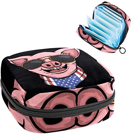 Pink Pig Beutel für Damenbinden mit schwarzem Muster, tragbar, Tampon-Aufbewahrungstasche, Mehrfarbig, 4.7x6.6x6.6 in/12x17x17 cm