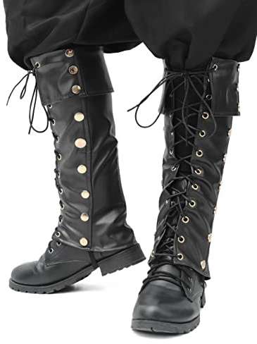 FURPHI Pirate Boot Covers with Studs Medieval Renaissance PU Leather Costume Boots Accessories (Black)