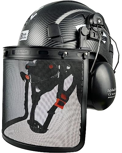 SAFEBUILDER Forestry Safety Helmet with Build in Visor and Mesh Face Shield and Ear Muffs 4 in 1 Forestry Hard Hat Chainsaw Work Helmet ANSI Z89.1 (Matte Black-ICV-BR1-Mesh Shield)