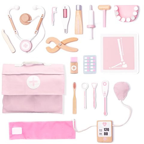 UMU® Holz Arztkoffer Kinder Spielset mit Stethoskop, Blutdruckmessgerät, Zahnarzt Zubehör und mehr, Doktorkoffer Spielzeug zum Rollenspiel, 18 TLG. Medizinische Kit für Mädchen ab 3, 4, 5 Jahre