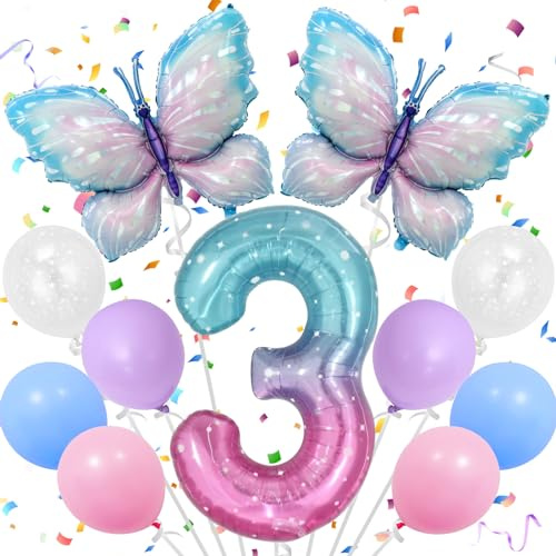 11 Stück 3 Jahre Geburtstag Deko Schmetterling, Schmetterling Folienballon, Ballon Mädchen, Geburtstag Deko 3 Jahre Mädchen, Luftballon 3. Geburtstag Mädchen