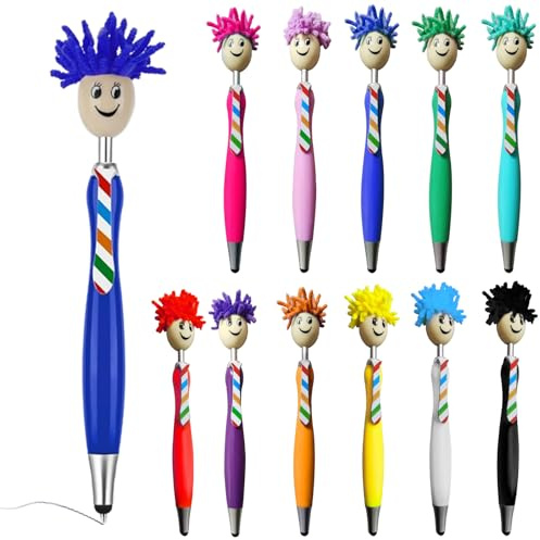 HOMURY 12 Stück Kugelschreiber, Microfaser Bildschirmreiniger Stifte, Lustige Druckkugelschreiber, Mop Head Topper Stifte, Kreativer Kugelschreiber Geschenk für Erwachsene Kinder (12 Farben)