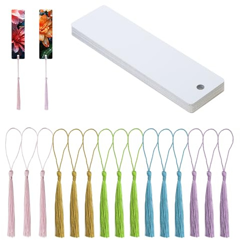 PPhtony Sublimations-Lesezeichen, 15 Stück, doppelseitig, Wärmetransfer-Metall-Bastel-Marker mit 15 bunten seidigen Quasten für Geburtstag, Hochzeit, DIY-Projekte und Geschenkanhänger (3,2 x 12 cm,