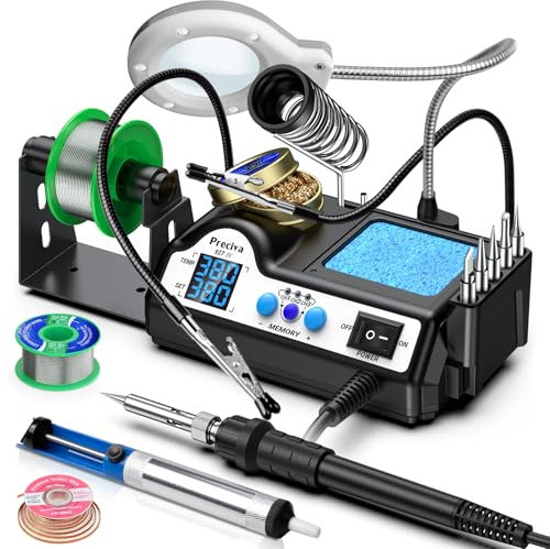 Soldering Iron Kit, Preciva 927IV Solder Station with Magnifiers and 2 Helping Hands, 130W Dual LCD Digital Display, 90-480℃ Temp Adjustable with 5 Tips, Sleep Function and Thermostat Control