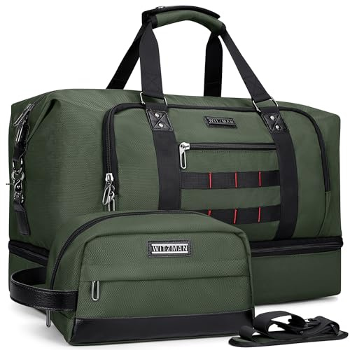 WITZMAN Reisetasche Herren 55L Nylon Weekender Duffle Bag mit Kulturbeutel | Mehrere Taschen mit Schuhfach und Nassfach, Handgepäck Flugzeug, Konvertierbar für Reisen, Sport, Weekender, B696 Armeegrün