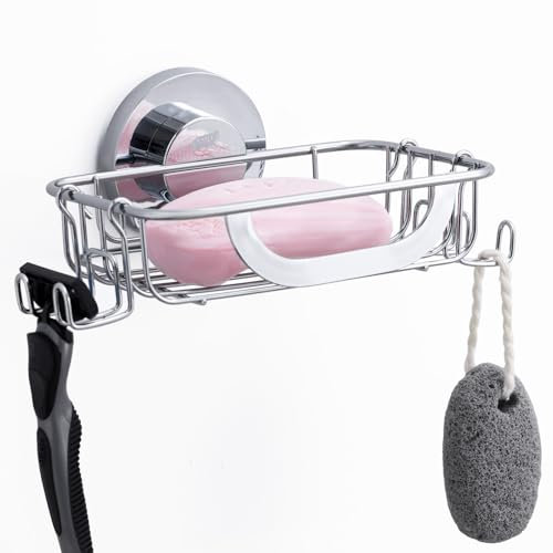 TAILI Dusche Seifenschale mit Haken, Saugnapf Seifenhalter für Wand, Max Halten 5 KG Badezimmer Seife Saver Tray für Badewanne, Rostfrei, Wasserdicht Edelstahl Schwammhalter Küche, Drill-Free, Silber