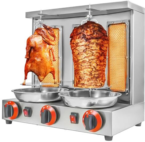 HNBYLMM Máquina de Kebab Grill, Asador Vertical a Gas de Acero Inoxidable para Doner Kebab con 2 o 3 quemadores, asador Giratorio de 360° para encimera, para Uso Comercial, doméstico y de Cocina,L