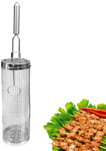 Paniers de barbecue pour griller | Panier de gril en acier inoxydable avec poignée | Panier à rôtissoire | Cylindre de barbecue, panier de gril à poisson avec poignée intégrée pour légumes, fruits de