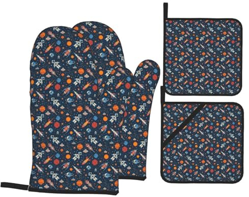 4Pcs Spaceships and Stars in Outer Space Oven Mitts and Pot Holders Sets, Heat Resistant Silicone Oven Mitts Pot Holders for Kitchen Cooking Baking, Non-Slip Oven Gloves Hot Pads Potholders