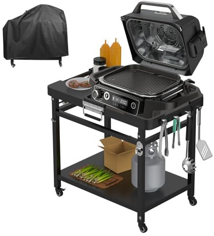 Outspark Grill Stand for Ninja Woodfire Outdoor Portable Prep Cart Table Station for Ninja XSKUNSTAND OG700 OG800 OG900 OO101 Series and Smoker Pizza Oven Accessories with Wheels & Grill Cover