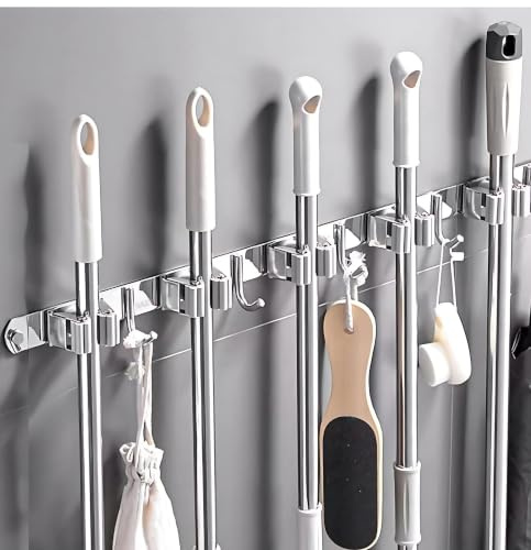 AMSAMOTION Besenhalterung Wand, 5 Halter + 4 Haken Schwarz Schwerlast Gerätehalter Selbstklebend, Besenhalter mit Nails Installieren, Wandhalterung Besen,Gartengerätehalter Edelstahl