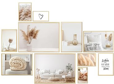 Wackadoo Set di 11 cornici portafoto formato A4, 30 x 40 cm, 21 x 29,7 (DIN A4), 15 x 20 cm, 13 x 18 cm, 10 x 15 cm, con pannelli in vetro vero, diverse misure, oro, poster fotografico