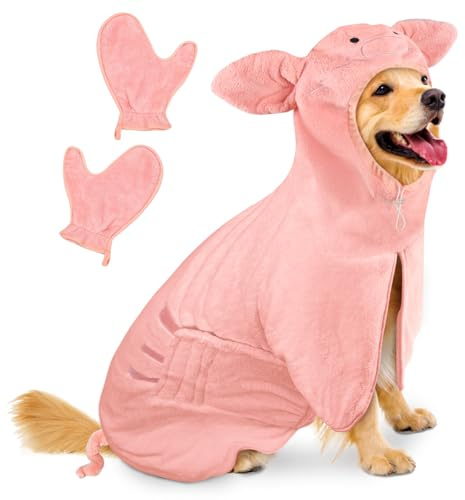 Bibykivn Hundebademantel, Schnell Trocknend Bademantel Hund | Einstellbar, mit Klettverschluss, Saugfähiger, mit Hut, für Mittlere Große Hunde, Schweinchen, XL