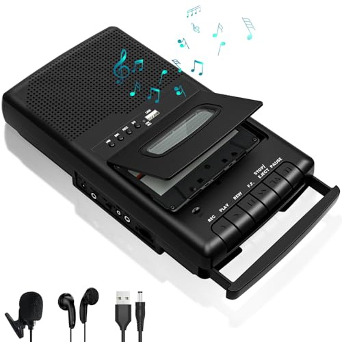 Cassette Player & Tape Recorder with USB Lapel Microphone - Portable USB Player & Tape to MP3 Digital Converter with Headphone Jack, Dual Power (AC/Battery), Retractable Carry Handle-Black