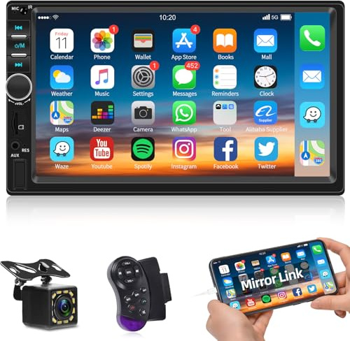 Double Din Bluetooth Car Radio, 7 inch Touchscreen Car Stereo with Bluetooth, FM, USB, AUX, Steering Wheel Control, Mirror Link Android/iOS + Rear View Camera