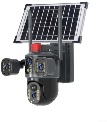 Feegow Double caméra de sécurité solaire WiF, caméra de sécurité 2K HD, vue à 360°, étanchéité IP66, détection de mouvement PIR pour la maison, le magasin (noir)
