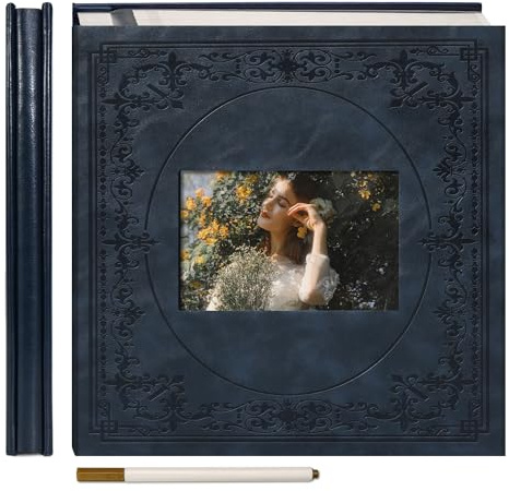 Vienrose Vintage Album Fotografico Autoadesivo con Copertina in Finta Pelle, Design Goffrato Fotolibro 40 Pagine para Bebé, Niños, Boda, Blu Scuro