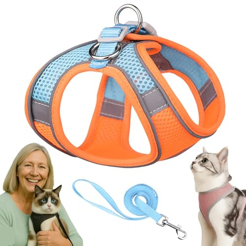 Katzengeschirr, Katzengeschirr Mit Leine Ausbruchsicher, Atmungsaktive Bequemes, Mit Reflektierenden Streifen, Geeignet FüR Katzen Und Hunde (Orange-Blau,XXS)