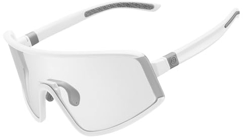 ROCKBROS Occhiali da Ciclismo Fotocromatica Antiappannamento Uomo Donna, Occhiali da Sole Sportivi Protezione UV400, Nasello Regolabile, Leggero, per Bici Guida Golf Sci Pesca Corsa, Bianco