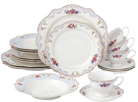 Joseph Sedgh Collection Romantic Bloom 20-Piece Bone China Dinnerware Set, Service for 4, Floral with Blue and Gold Trim