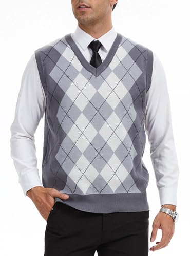 Zaitun Men's Argyle Sleeveless Jumpers V Neck Vest Tops Knitted Slim Fit Waistcoat Business Casual Sweaters Pullover Autumn Winter Grey