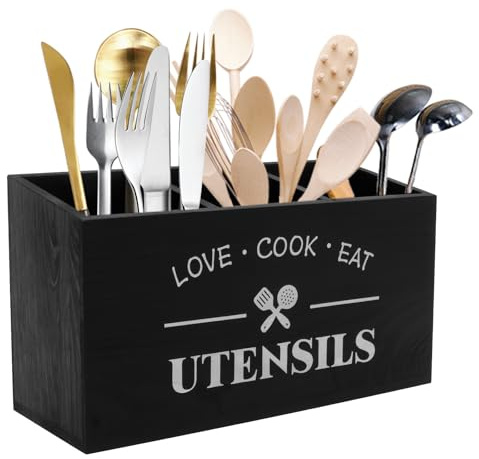 BOBASH Küchenutensilienhalter Utensilienhalter Küche Utensil Holder mit Entwässerungboden Große 3 Fächer Utensil Organizer für Küchentheke Arbeitsplatten(schwarz)