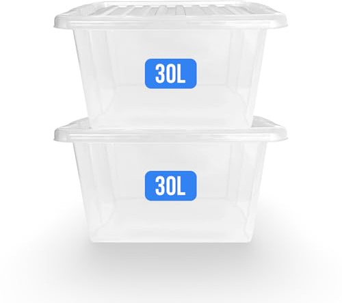 KAPCO Plastic Box Storage Set of 2 – Clear 30 Litre Boxes with Lids | Strong Stackable Containers for Pantry Items, Clothes, Shoes, Tools, Toys | Multipurpose Storage Tubs for Kitchen, Office & Garage