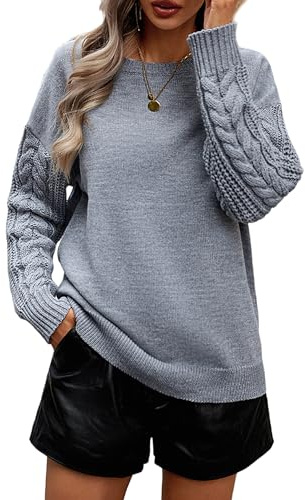 Heersan Jersey Mujer Cuello Redondo Manga Larga Tallas Grandes Suéter de Mujer Punto Elegante y Suelto suéter de Punto de Cuello Redondo de Manga Larga