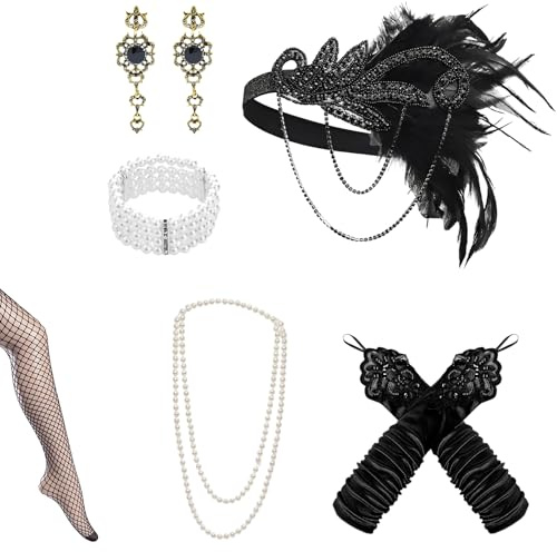 Oerphh 1920er Jahre Accessoires Zubehör Set Haarschmuck Ohrringe Halsketten Armbänder Handschuhe Strümpfe Great Gatsby Party Kostüme Damen Flapper Kleid für Karneval Halloween Weihnachten