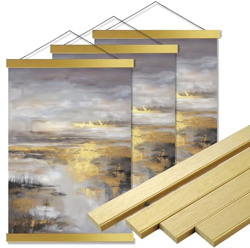 Bluesun 3 Pack Magnetic Poster Frame Hanger 12inch gold - 12 inch Wide Poster Frames Fit 12x16 12x18 12x24 Art Prints & Canvas Hanging Kit (12 Gold)