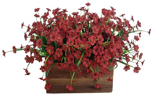 ATFL 16 Bundles 7 Fork UV Resistant Artificial Outdoor Flowers, Fake Flowers Outdoor Planters for Spring Decor, Faux Silk Mums Flowers for Outside Window Box Front Porch Planter Decor (16, red)