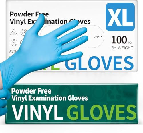 PROMART Blue Vinyl Disposable Gloves, Powder-Free, Latex-Free, Non-Sterile, Disposable Gloves, Ambidextrous, Comfortable Fit, Food Safe, Industrial & Home Use, Pack of 100, XL