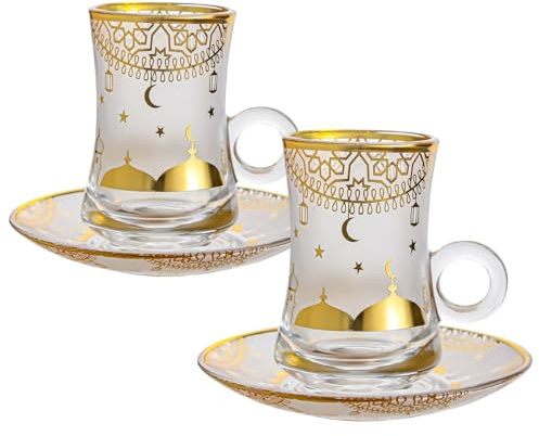Vasos y platillos de té turco, tazas de café expreso con patrón dorado en relieve, juego de tazas de té para beber de cristalería, taza de vidrio de 120 ml con asa (gold A, 2pcs)