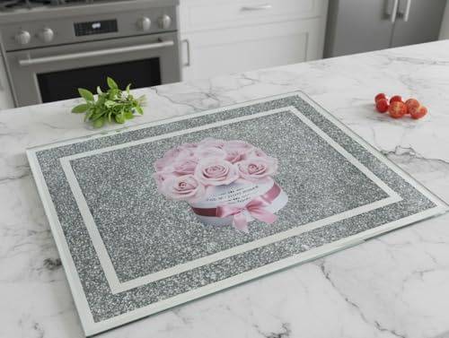 DEENZ 'The Million Roses' Crushed Diamond Chopping/Cutting Board Silver Crystal Filled Glass Pink Mirrored Surface Protection Floral Design Luxury Kitchen Decor Worktop Saver Gift Rectangle 40 X 30 Cm